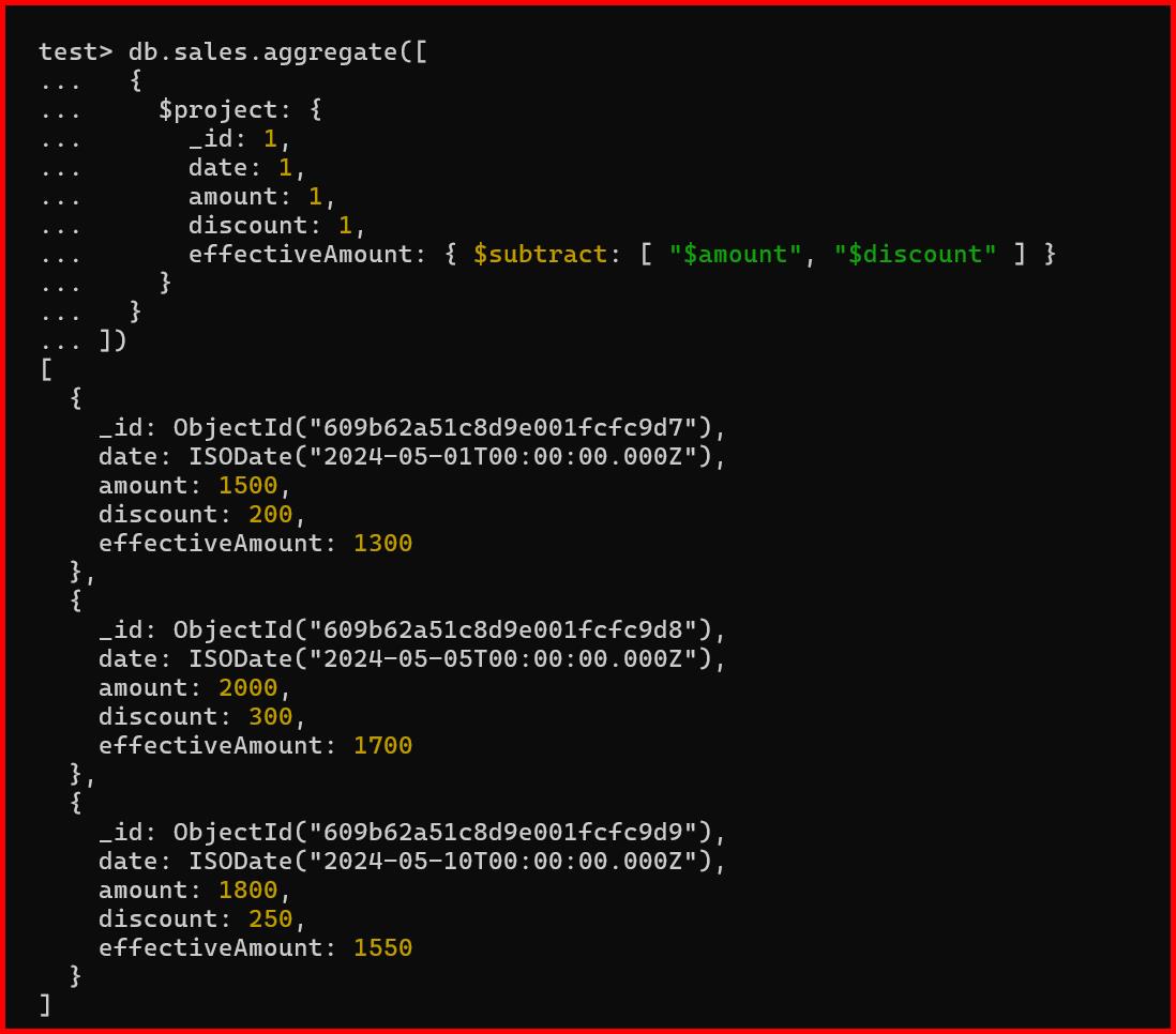 Picture showing the output of $subtract operator in mongodb